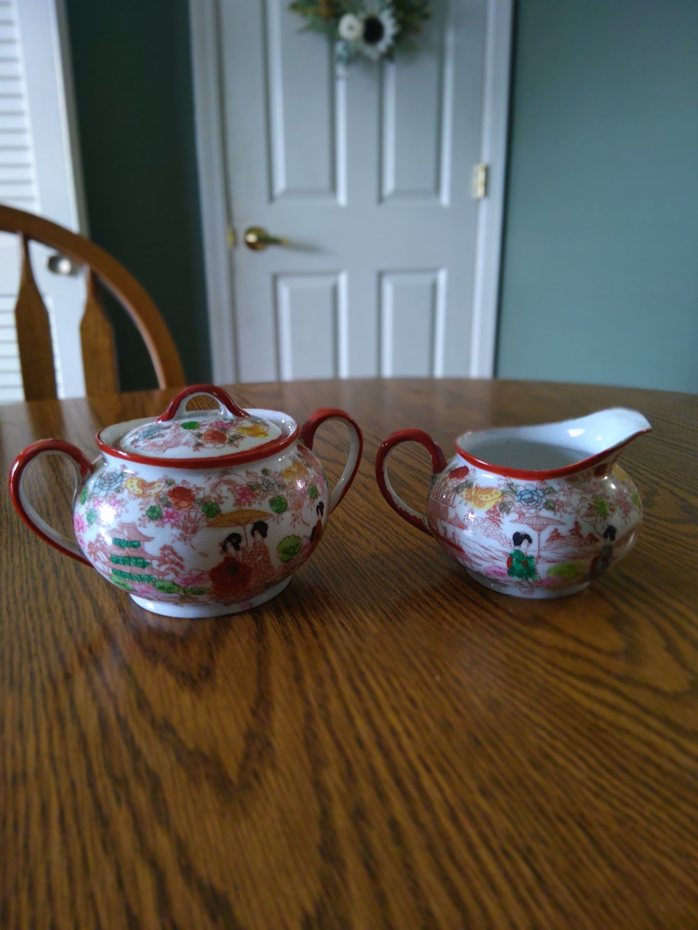 Antique Red Floral Porcelain Sugar and Creamer Set - Stamped Made In Japan
